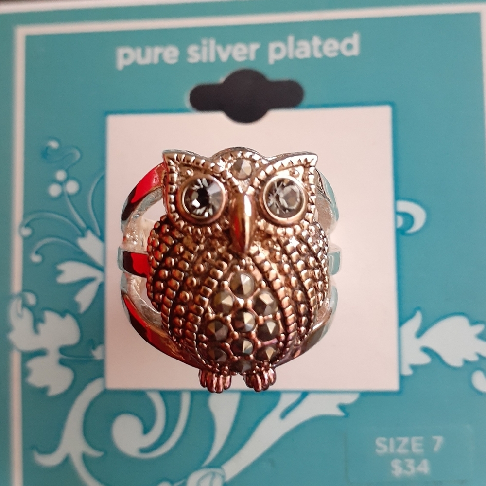 Owl Ring size 7 *NEW* Silver Plated Marcasite JCP